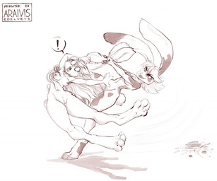 4_toes anthro breasts duo ear_pull exclamation_point feet female fight genitals hair long_hair navel nipples nude open_mouth scut_tail short_hair short_tail tail toes vulva araivis-edelveys lagomorph leporid mammal rabbit 2022 monochrome sketch