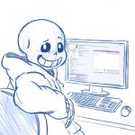 anterior_nasal_aperture bone clothing computer electronics green_text greentext_(format) hoodie looking_at_viewer looking_back male not_furry skeleton solo text topwear unknown_artist 4chan undertale undertale_(series) sans_(undertale) animated_skeleton humanoid undead 1:1