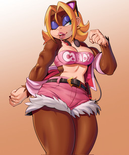 5_fingers anthro bandeau belt big_breasts blonde_hair blue_eyeshadow bottomwear breasts brown_body brown_fur cleavage clothed clothing denim denim_bottomwear denim_clothing denim_shorts electronics eyebrows eyelashes eyeshadow eyewear eyewear_on_head female fingers fully_clothed fur gradient_background hair half-closed_eyes headphones headphones_around_neck jacket legs_together lipstick looking_aside makeup multicolored_body multicolored_fur narrowed_eyes navel open_mouth open_smile pink_lipstick short_hair shorts simple_background smile solo standing sunglasses sunglasses_on_head tan_body tan_fur teeth text text_on_clothing text_on_topwear thick_thighs topwear two_tone_body two_tone_fur wearing_sunglasses nagainosfw donkey_kong_(series) nintendo candy_kong haplorhine mammal monkey primate 2026 hi_res