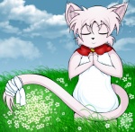 accessory anthro clothing cloud dress eyes_closed field flower fur furgonomics grass long_tail pink_body pink_fur plant praying ribbons scarf solo tail tail_accessory tail_ribbon white_clothing white_dress svarrenglossenii tail_tale yaminabe_aries run_turn domestic_cat felid feline felis mammal