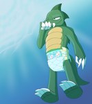 3_toes ageplay anthro claws clean_diaper clothed clothing diaper feet infantilism male roleplay solo sucking tail teeth thumb_suck toes underwater water wearing_diaper lonegreenorcacalf mythology wonderboy dragon mythological_creature mythological_scalie scalie absurd_res hi_res