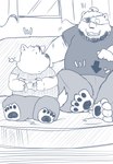 2022 anthro bear belly big_belly bottomwear canid canine clothing controller dain_4201 dot_eyes duo eye_patch eyewear feet game_controller gaming hi_res kemono male mammal mature_male overweight overweight_male pants playing_video_game shirt sitting topwear young young_anthro