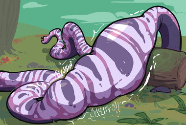abdominal_bulge ambiguous_gender ambiguous_pred ambiguous_prey cloud countershade_scales countershading digestion duo eyewear feral feral_pred glasses grass log multicolored_body multicolored_scales pink_body pink_scales plant round_glasses scales sky soft_vore sound_effects tree vore wood eerieviolet dove_(eerieviolet) reptile scalie snake