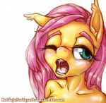 anthro anthrofied bodily_fluids cum cum_in_mouth cum_inside female fur genital_fluids green_eyes hair one_eye_closed pink_hair simple_background solo text white_background wink yellow_body yellow_fur designjh friendship_is_magic hasbro my_little_pony fluttershy_(mlp) equid equine horse mammal pony 2013 english_text hi_res