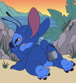 4_fingers 4_toes anal anal_masturbation anal_penetration antennae_(anatomy) anthro anus backsack balls beach bite biting_lip biting_own_lip black_claws black_eyes blue_body blue_fur blue_nose blush bodily_fluids butt claws dildo dildo_in_ass dildo_insertion dipstick_antennae eyebrows feet finger_claws fingers fur genitals head_tuft male masturbation multi_arm multi_limb multicolored_antennae object_in_ass outside penetration raised_inner_eyebrows seaside self_bite sex_toy sex_toy_in_ass sex_toy_insertion shortstack shortstack_male small_tail solo sunset sweat tail toes tuft tbid disney lilo_and_stitch stitch_(lilo_and_stitch) alien experiment_(lilo_and_stitch) 2022 digital_drawing_(artwork) digital_media_(artwork) flat_colors hi_res signature