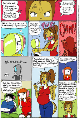 after_vore anthro belly big_belly black_hair blonde_hair breasts clothing female female_pred female_prey fur group hair inside orange_hair overweight red_clothing red_shirt red_topwear shirt speech_bubble text topwear vore white_body white_fur yellow_body yellow_fur s.sakurai felid leopard mammal mouse murid murine pantherine rodent 2004 comic english_text