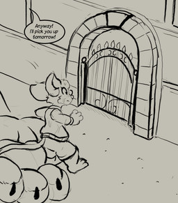 anthro bodily_fluids bottomwear building claws clothed clothed_anthro clothed_female clothing dialogue duo eyewear female fully_clothed fully_clothed_anthro fully_clothed_female gate glasses home house paws saliva saliva_on_face shorts size_difference smaller_female speech_bubble text wearing_glasses muhny chloe_(muhny) edie_(muhny) english_text sketch