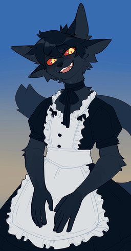 4_ears anthro black_clothing black_hair clothed clothing crossdressing front_view fur gradient_background grey_body grey_fur hair looking_at_viewer maid_uniform male messy_hair multi_ear open_mouth open_smile pupils red_pupils red_sclera red_tongue short_hair simple_background smile solo standing teeth tongue uniform unsigned white_clothing yellow_eyes corzh77 felid mammal hi_res portrait three-quarter_portrait