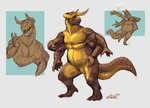 4_arms 4_fingers 4_pecs anthro dancing digitigrade fingers gesture hand_gesture horn looking_away male multi_arm multi_limb multi_pecs multifur pecs scales simple_background slightly_chubby smile solo standing v_sign yellow_body yellow_eyes yellow_scales xantouke scalie 2020 hi_res