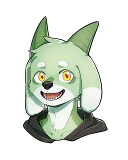 anthro black_clothing black_topwear blue_body blue_fur clothed clothing fangs floppy_ears front_view fur glistening glistening_eyes green_horn horn light_body light_fur looking_at_viewer male open_mouth open_smile red_tongue simple_background smile solo teeth tongue topwear unsigned white_background white_body white_fur yellow_eyes asnnonaka takenoko_(asnnonaka) bovid caprine goat mammal 4:5 bust_portrait hi_res portrait