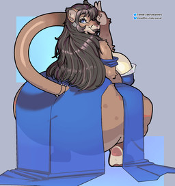 anthro big_breasts big_butt blue_clothing blue_dress blue_eyes breasts brown_hair butt clothing countershade_face countershading crouching curvy_figure dress ear_piercing female gesture glistening glistening_body glistening_breasts hair hand_gesture huge_breasts huge_butt huge_thighs lips long_hair long_tail looking_at_viewer looking_back looking_back_at_viewer mature_anthro mature_female pawpads piercing solo tail tan_body text thick_bottom_lip thick_thighs translucent translucent_clothing translucent_dress v_sign vein veiny_breasts voluptuous umaishiru catherine_(noeticred) cougar felid feline mammal aliasing artist_name digital_media_(artwork) hi_res url