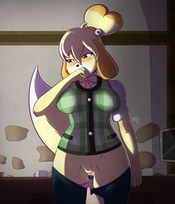 ambiguous_gender anthro bell blonde_hair blush bodily_fluids bottomless bottomwear bottomwear_pull breasts brown_eyes clothed clothing clothing_pull computer container covering covering_mouth covering_own_mouth covering_self cup desk electronics female first_person_view furniture genitals hair half-closed_eyes inside jingle_bell looking_aside looking_away narrowed_eyes panties panties_down partially_clothed shirt short_hair skirt skirt_pull solo standing table tears topknot topwear underwear underwear_down vest vulva thepsychodog animal_crossing nintendo isabelle_(animal_crossing) canid canine canis domestic_dog mammal shih_tzu toy_dog 2018 absurd_res dated hi_res signature