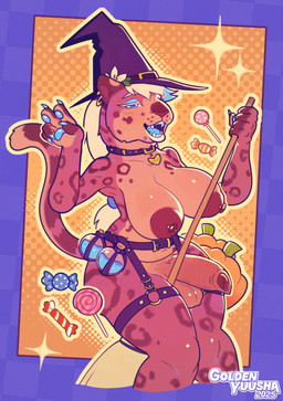 anthro areola balls big_areola big_breasts blue_eyes breasts broom broom_riding candy cleaning_tool clothing dessert ear_piercing food foreskin fruit garter_belt garter_straps genitals gynomorph hair hat headgear headwear humanoid_genitalia humanoid_penis intersex markings nipple_piercing nipples pawpads penis piercing pink_body plant potion_bottle pumpkin solo spots spotted_markings thick_thighs wide_hips witch_hat goldenyuusha dakota_(goldenyuusha) felid leopard mammal pantherine hi_res