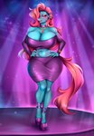 angel_cake_(darkstar239) anthro blue_body bottomwear bracelet breasts choker cleavage clothed clothing colored_nails ear_fins eyelashes eyeshadow female fin fin_piercing fishnet_clothing fishnet_legwear footwear furgonomics furry-specific_piercing hair hands_on_hips high_heels jewelry legwear lips lipstick long_nails looking_at_viewer makeup nails necklace piercing pink_eyes pink_eyeshadow pink_hair pink_lips pink_lipstick pink_nail_polish pink_nails pink_tail shoes skirt solo sparkles tail wide_hips ashimaroo hasbro my_little_pony mythology angel_cake_(nauth) fan_character dragon equid equine hybrid kirin mammal mythological_creature mythological_scalie scalie hi_res