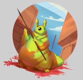 2_toes 3_fingers ambiguous_gender anthro belly big_belly big_tail black_eyes building feet fingers grass green_body improvised_weapon melee_weapon obese overweight overweight_ambiguous overweight_anthro plant polearm rebar solo spear tail toes weapon citrusslugcat rain_world videocult citrus_(slugcat) slugcat