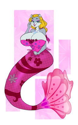 anthro big_breasts blonde_hair blue_eyes breasts clothing female floral_clothing floral_pattern fur grey_body grey_fur hair hair_bun huge_breasts jewelry lipstick makeup mermaid_tail multicolored_body multicolored_fur necklace pink_armlet pink_clothing pink_topwear sitting solo split_form topwear white_body white_fur wide_hips keniahoward18 barbie_fairytopia:_mermaidia conker's_bad_fur_day rareware berri elina_(barbie) aquatic chipmunk ground_squirrel mammal merfolk rodent sciurid 5:8 hi_res