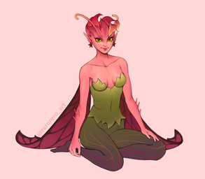 antennae_(anatomy) bottomwear breasts clothing dress ear_piercing eyelashes female green_bottomwear green_clothing green_dress green_eyes green_pants green_sclera humanoid_pointy_ears insect_wings kneeling lepidopteran_wings looking_at_viewer pants piercing pink_background pink_body pointy_ears simple_background small_breasts smile solo wings rerorero_art dota valve valve_corporation mireska_sunbreeze_the_dark_willow fairy humanoid winged_humanoid absurd_res hi_res
