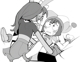accessory anthro big_eyes blush blush_lines bodily_fluids bottomwear bow_ribbon choker clothing crop_top dominant dominant_female duo eye_contact female fool's_hat gloves hair hair_accessory hair_bow hair_ribbon handwear hat headgear headwear jester jewelry legs_up long_hair looking_at_another medium_hair necklace pinned ribbons shirt skirt spread_legs spreading sweat sweaty_face topwear lyssahh glitch_productions the_amazing_digital_circus gooseworx's_post-transition_jax_design jax_(tadc) pomni_(tadc) lagomorph leporid mammal rabbit 2026 digital_drawing_(artwork) digital_media_(artwork) hi_res trans_(lore) trans_woman_(lore)