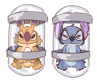 ambiguous_gender annoyed biped blue_body blue_claws blue_fur blue_nose bound capsule captured chest_tuft claws duo encasement finger_claws frown fur head_tuft leg_markings looking_at_viewer markings narrowed_eyes orange_body orange_fur purple_nose simple_background smile speaker_ears tuft white_background mochigome_(pixiv_112967981) disney lilo_and_stitch sample_(lilo_and_stitch) stitch_(lilo_and_stitch) alien experiment_(lilo_and_stitch) colored_sketch digital_drawing_(artwork) digital_media_(artwork) hi_res sketch male_(lore)