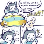 anthro big_breasts blush bodily_fluids breasts dialogue female huge_breasts hyper hyper_breasts lactating milk onomatopoeia simple_background solo sound_effects speech_bubble text white_background white_body nucr4r undertale undertale_(series) temmie_(undertale) tem 1:1 english_text hi_res