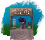 blush booth booth_(structure) bored exclamation_point female feral hair horn kissing_booth outside purple_eyes solo text vendor_stand photonoko friendship_is_magic hasbro my_little_pony mythology twilight_sparkle_(mlp) equid equine mammal mythological_creature mythological_equine unicorn 2014 digital_media_(artwork) digital_painting_(artwork) english_text hi_res