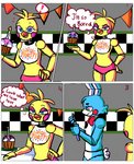 anthro bored bow_tie duo exclamation_point female heart_symbol machine male male/female mirror surprise thought_bubble reikoi02 five_nights_at_freddy's five_nights_at_freddy's_2 scottgames cupcake_(fnaf) toy_bonnie_(fnaf) toy_chica_(fnaf) animatronic avian bird chicken galliform gallus_(genus) lagomorph leporid mammal phasianid rabbit robot absurd_res comic hi_res