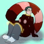 anthro areola barely_visible_genitalia barely_visible_pussy big_areola big_breasts biped black_hair bottomwear breasts brown_body brown_fur clothed clothing female footwear fur gender_transformation genitals hair hand_on_ground human_to_anthro legs_together logo looking_at_own_tail markings mid_transformation mtf_transformation nipples nude open_mouth pants pink_markings pussy red_markings simple_background sitting sitting_on_ground socks solo species_transformation tail text topless transformation transformation_through_magic nut-case ailurid human mammal red_panda 1:1 2019 artist_logo colored hi_res url male_(lore)