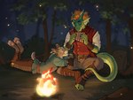 anthro duo fire lying male night on_front outside panpipes playing_music sitting smile tail shamerli dungeons_and_dragons hasbro wizards_of_the_coast fekkri_talot felid feline mammal scalie tabaxi hi_res