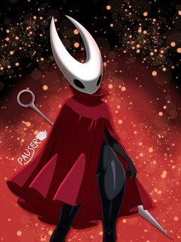 2_horns biped black_body black_eyes cloak clothed clothing empty_eyes female fingers horn logo melee_weapon red_cloak red_clothing solo standing text weapon white_text wide_hips pauser95 hollow_knight_(franchise) team_cherry hornet_(hollow_knight) arthropod 2026 absurd_res artist_logo english_text hi_res