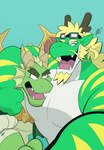 anthro blonde_hair duo facial_hair goatee green_body hair horn male muscular muscular_anthro muscular_male open_mouth pecs simple_background smile toony whiskers wings hikazedragon activision asian_mythology east_asian_mythology european_mythology mythology spyro_reignited_trilogy spyro_the_dragon nestor_(spyro) rescued_dragons_(spyro) dragon eastern_dragon mythological_creature mythological_scalie scalie western_dragon hi_res