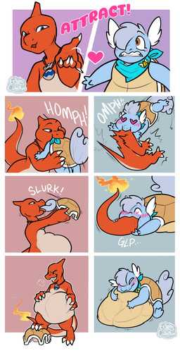 abdominal_bulge ambiguous_gender anthro badge blush blush_lines cheek_bulge duo foot_on_object grabbing_another grin hand_on_own_belly heart_eyes heart_symbol hugging_own_belly infatuation jumping_on_another mind_control oral_vore pokemon_move pouch_(clothing) scarf shell shorting sitting sitting_on_ground smile soft_vore sound_effects surprised swallowing swallowing_sound_effect tail tail_outside_mouth timeline_split tremble_spikes vore eclairscollection nintendo pokemon chili_(some_nerd) charmeleon generation_1_pokemon lizard pokemon_(species) reptile scalie turtle wartortle comic hi_res male_(lore)