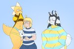 anthro armless big_bulge breasts bulge clothed clothing female genitals group hair human_on_anthro interspecies male male/male penis penis_base raised_clothing raised_shirt raised_topwear shirt simple_background smile topwear underwear hornynym undertale undertale_(series) kord_(character) monster_kid temmie_(undertale) human mammal tem hi_res