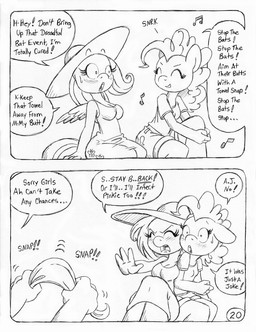 anthro back_wings bodily_fluids bottomwear breasts clothed clothed_anthro clothed_female clothing cutie_mark dialogue dress eyelashes female fully_clothed fully_clothed_anthro fully_clothed_female group hat headgear headwear shorts singing speech_bubble sun_hat sundress sweat sweatdrop teasing text towel towel_whip trio wings circe_(artist) friendship_is_magic hasbro my_little_pony mythology applejack_(mlp) fluttershy_(mlp) pinkie_pie_(mlp) earth_pony equid equine horse mammal mythological_creature mythological_equine pegasus pony comic english_text monochrome