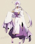 ahoge alternate_species asian_clothing bare_shoulders blonde_hair breasts cleavage clothed clothing east_asian_clothing female hair humanized japanese_clothing kariginu looking_at_viewer multicolored_hair oversized_clothing ponytail purple_hair red_eyes ribbons simple_background smile solo standing white_hair merlusa nintendo pokemon generation_5_pokemon human mammal mienshao pokemon_(species)