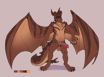 anthro balls brown_body brown_penis countershade_neck countershade_tail countershade_torso countershading erection facial_markings genitals half-closed_eyes head_markings horn male male_anthro markings mask_(marking) membrane_(anatomy) membranous_wings narrowed_eyes nude nude_anthro nude_male orange_eyes penis pink_penis simple_background smile solo standing tail tan_body teeth wings mintyderg mythology dragon mythological_creature mythological_scalie scalie 2023 hi_res model_sheet