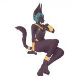 1:1 anthro anubian_jackal biped breasts canid canine canis deity egyptian female gold_(metal) gold_jewelry hair handpaw hi_res jackal jewelry long_ears looking_at_viewer mammal nipple_chain paws short_hair simple_background sitting small_breasts solo strawberrycucumber teal_hair white_background