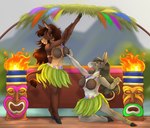 anthro black_hooves blue_eyes brown_body brown_hair coconut_bra dancing duo eyelashes female fire grey_body grey_hair hair hooves hula hula_dancer kneeling leaf_skirt long_hair narrowed_eyes outside red_eyes smile standing tail tail_tuft tan_body tiki tiki_torch tuft white_body huskii-s asinus donkey equid equine mammal hi_res