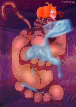 anthro anus barefoot big_breasts bodily_fluids bone breasts cat_tail claws curling_toes detailed_background feet female food foot_fetish foot_fetish_validation foot_focus for_a_head fruit genitals glowing glowing_eyes glowing_insides glowing_mouth grass heart_symbol holidays humanoid_feet humanoid_genitalia humanoid_vulva liquid nipples orange_anus orange_insides orange_nipples orange_vulva plant plantigrade potion potion_bottle pumpkin pumpkin_head rear_view saliva saliva_on_tongue shield_potion skeleton_bodypaint soles solo toes tongue tongue_out vulva brunisdraws epic_games fortnite fortnite:_battle_royale halloween spice_(fortnite) felid feline humanoid mammal object_head absurd_res hi_res signature
