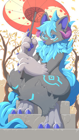 3_toes 4_fingers anthro biped blue_eyes blue_hair blue_markings feet fingers front_view fur grey_body grey_fur hair holding_object horn male markings neck_tuft nude outside plant sitting smile solo toes tree tuft umbrella pata species_request 2018 9:16 aliasing digital_media_(artwork) hi_res