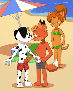 anthro beach bodily_fluids bottomwear clothed clothing cum erection female genital_fluids genitals group male male/male penis shorts swimming swimming_trunks swimwear topless trio vulva young kitsune2000 forestdale dallas_burnside_(forestdale) izabell_carroll_(forestdale) kyle_kendricks_(forestdale) canid canine canis domestic_cat domestic_dog felid feline felis fox mammal absurd_res hi_res
