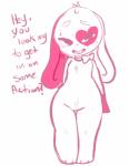 anthro bow_(feature) bow_accessory dialogue female fur heart_(marking) heart_on_body heart_symbol markings neck_bow pink_body pink_fur solo text white_body white_fur wide_hips mt wink_(mt) lagomorph leporid mammal rabbit english_text