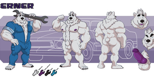 4_toes abs animal_genitalia anthro balls barefoot belly biceps biped black_nose blue_eyes blueprint body_hair bottomwear bulge butt car chest_hair clenched_teeth clothed clothing erection feet flexing fur genitals hair hand_on_hip happy_trail holding_object humanoid_genitalia humanoid_penis hybrid_genitalia hybrid_penis jumpsuit knot knotted_humanoid_penis knotted_penis male musclegut muscular muscular_anthro muscular_male nipples nude open_mouth pants pecs penis pose pubes purple_penis sheath shirt smile solo standing teeth text toes tools topwear uniform vehicle vein veiny_penis white_balls white_body white_fur white_hair worker almasy berner bear mammal polar_bear ursine character_name