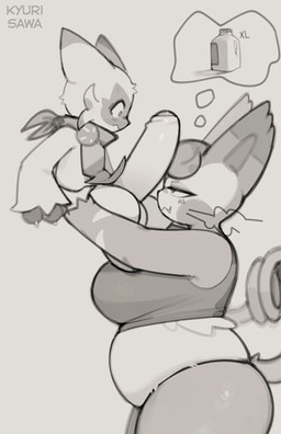 anthro anthro_on_anthro anthrofied anticipation balls belly big_balls big_breasts big_penis blush bottle breasts cheek_spots claws clothed clothing container crop_top curled_tail curvy_figure dipstick_ears dominant dominant_female duo ear_markings erection female fur genitals grey_background hair holding_another huge_balls huge_penis humanoid_genitalia humanoid_penis imminent_fellatio imminent_oral innuendo kerchief larger_dom larger_female lifting_another looking_at_another looking_at_another's_penis looking_at_partner male male/female milk_bottle milk_container multicolored_ears narrowed_eyes neckerchief neckwear one_fang overweight overweight_anthro overweight_female panties pantsless paws penis pokemorph shirt shocked side_view simple_background size_difference small_but_hung smaller_male smile submissive submissive_male tail thick_thighs thirsty thong thought_bubble topwear underwear whiskers wide_eyed wide_hips kyurisawa nintendo pokemon felid feline floragato generation_4_pokemon generation_9_pokemon mammal pokemon_(species) purugly 2026 digital_drawing_(artwork) digital_media_(artwork) greyscale hi_res monochrome pictographics signature