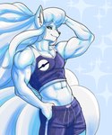 abs anthro anthrofied athletic_wear bandage biceps blue_body bottomwear clothed clothing ear_piercing exercise_clothing femboy gym_bottomwear gym_shorts hair long_hair male midriff muscular muscular_anthro muscular_femboy muscular_male navel piercing pokemorph shirt shorts smile solo sparkles standing tank_top topwear twunk white_body conditional_dnp daserfomalhaut nintendo pokemon alolan_form alolan_ninetales generation_7_pokemon pokemon_(species) regional_form_(pokemon) 5:6 hi_res