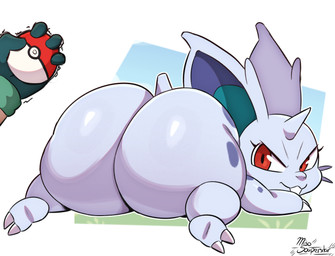 animal_ears big_butt blue_body buckteeth butt eyelashes female feral glistening glistening_body glistening_eyes horn huge_butt looking_back markings mouth_closed narrowed_eyes pupils red_eyes solo_focus spots spotted_body teeth whiskers white_sclera miso_souperstar nintendo pokemon generation_1_pokemon nidoran nidoran♀ pokemon_(species) absurd_res hi_res