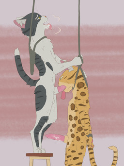 4_toes 5_fingers animal_genitalia animal_penis arms_tied balls barefoot bdsm black_body black_fur black_stripes blue_eyes blue_sclera bodily_fluids bondage bound brown_spots brown_stripes cum cum_drip cum_in_mouth cum_inside cum_on_penis cum_on_tongue death digitigrade dripping duo erection eyebrows feet feline_genitalia feline_penis fellatio fingers fur fuzzy gasp genital_fluids genitals hands_behind_back hands_tied hands_tied_behind_back hanged imminent_death imminent_hanging inner_ear_fluff male male/male markings multicolored_body multicolored_fur noose nude open_mouth oral orange_nose pawpads penile penis pink_ears pink_pawpads pink_penis pink_tongue precum restrained_arms restraints rope rope_bondage sex sheath simple_background smile spots spotted_body spotted_fur standing stripes tail teeth toes tongue tongue_out tongue_out_fellatio tuft whiskers white_body white_eyebrows white_fur yellow_body yellow_eyes yellow_fur yellow_sclera chuchochi domestic_cat felid feline felis mammal absurd_res hi_res