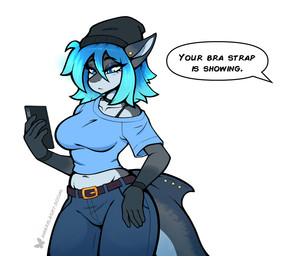 5_fingers anthro beanie belt blue_bottomwear blue_clothing blue_eyes blue_hair blue_jeans blue_pants blue_shirt blue_topwear bottomwear breasts cellphone clothed clothed_anthro clothed_female clothing denim denim_bottomwear denim_clothing dialogue ear_piercing electronics eyebrows eyelashes female female_anthro fin fin_piercing fingers furgonomic_piercing furgonomics hair hat headgear headwear holding_cellphone holding_object holding_phone holding_smartphone jeans midriff non-mammal_breasts pants phone piercing shirt simple_background smartphone solo speech_bubble text topwear white_background ambris bra_strap_showing_(meme) erika_(ambris) aquatic fish shark 2026 english_text hi_res meme url