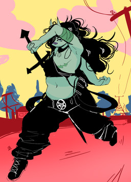 alternative_fashion anthro asymmetrical_breasts badass_woman band-aid bandage bandage_on_face bandage_on_nose bandaged_arm belt belt_accessory bent_arm black_belt black_bottomwear black_bra black_clothing black_footwear black_hair black_jewelry black_necklace black_pants black_shoes black_sword black_underwear blue_eyes bottomwear bra breasts clothed clothing cloud drawing_(object) eyelashes female female_anthro flat_chested flowing_hair footwear green_body green_scar green_skin hair hair_over_eye humanoid_hands intimidation jewelry long_hair longsword looking_at_viewer mastectomy_scar melee_weapon messy_hair midriff navel necklace neutral_expression occult_symbol outside oversized_bottomwear oversized_clothing oversized_pants pants partially_clothed partially_clothed_anthro partially_clothed_female pentagram pentagram_necklace power_lines scar shirtless shoes sketch_background sky small_breasts solo street sunset sword symbol tapering_snout underwear walking weapon yellow_sky wisgoat lucja_(wisgoat) bovid caprine goat mammal colored_sketch colorful_theme full-length_portrait hi_res portrait shaded simple_shading sketch warm_colors trans_(lore) trans_woman_(lore)