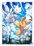 cloud duo flower flying looking_at_another nature orange_body outside plant rear_view sky three-quarter_view white_body white_flower naoki_akamine nintendo pokemon generation_2_pokemon generation_9_pokemon pawmo pokemon_(species) togetic digital_drawing_(artwork) digital_media_(artwork) hi_res signature