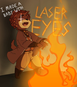 anthro fire glowing glowing_eyes humor mad_scientist male neonate science text young young_anthro young_male fensketch cyberconnect2 fuga:_melodies_of_steel little_tail_bronx socks_million canid canine caninu canis domestic_dog hunting_dog mammal terrier english_text hi_res